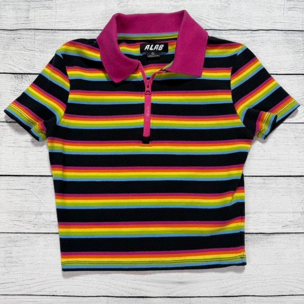 A.lab Rainbow Stripe Quarter Zip Baby Tee Polo Small Y2K Streetwear 2000s